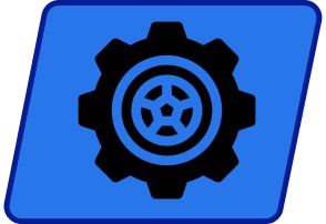 a close up of a blue square with a gear wheel