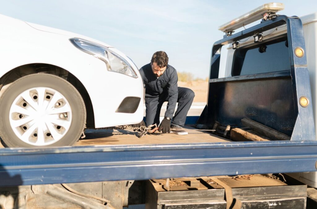 arafed man fixing a broken car on the back of a flatbed truck